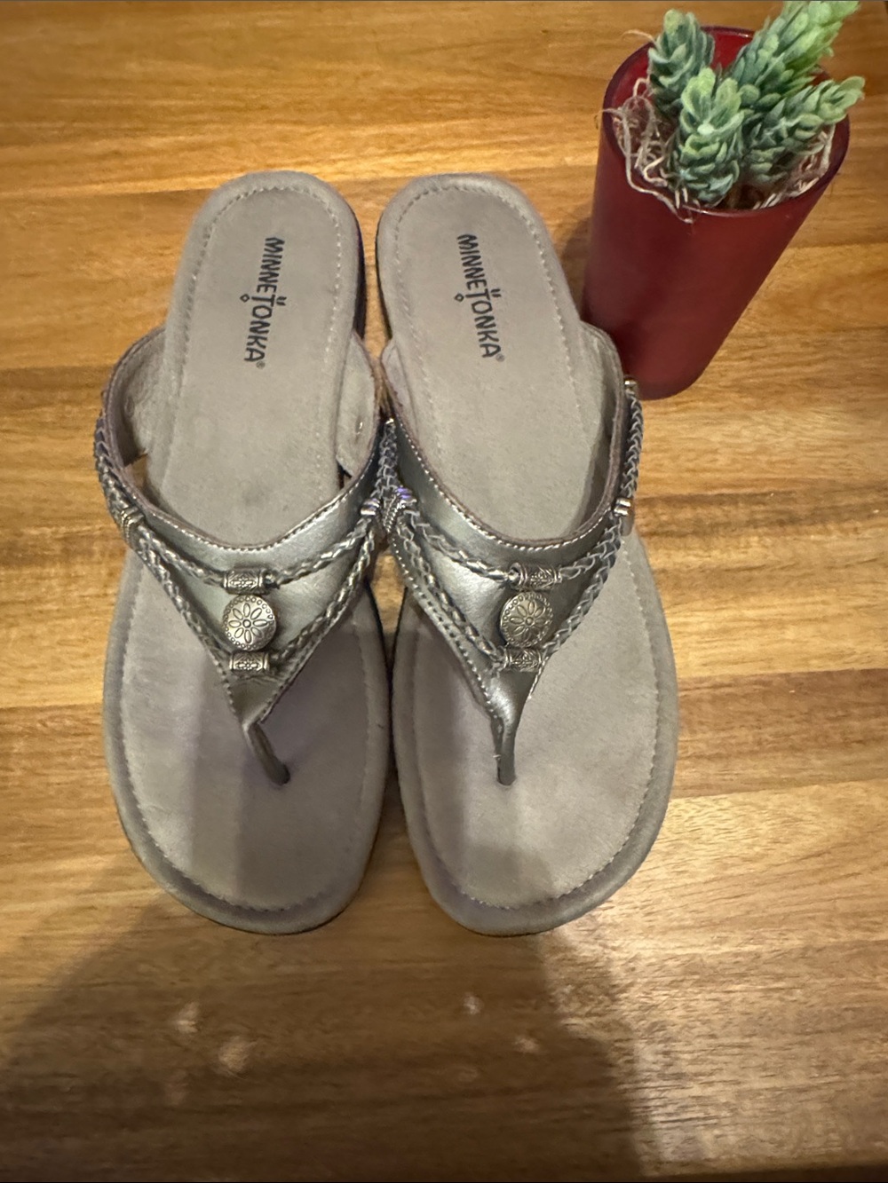 Minnetonka | Silver & Metallic Braided Sandals with Concho Accent | Size 10